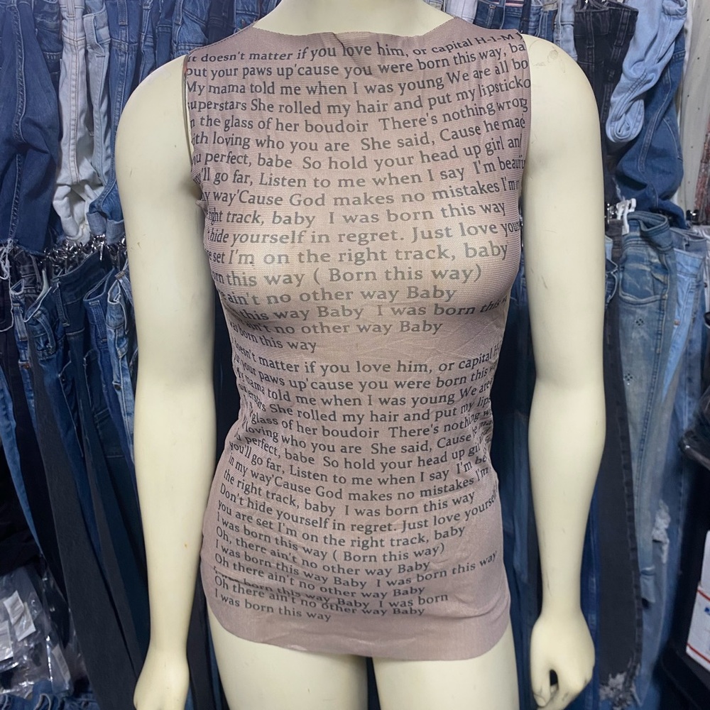 Brown Skin Nude Lady Gaga Born This Way Lyrics Shirt Sheer Transparent Mesh Tank